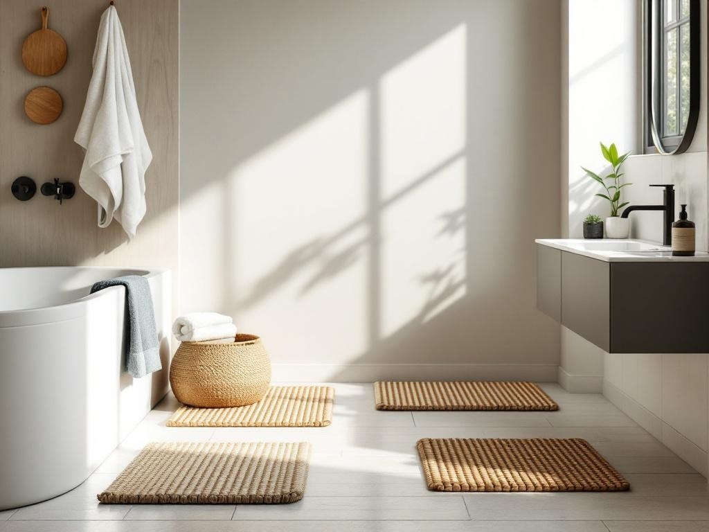 A serene bathroom featuring organic textiles, including woven mats and soft towels, with natural light streaming in.