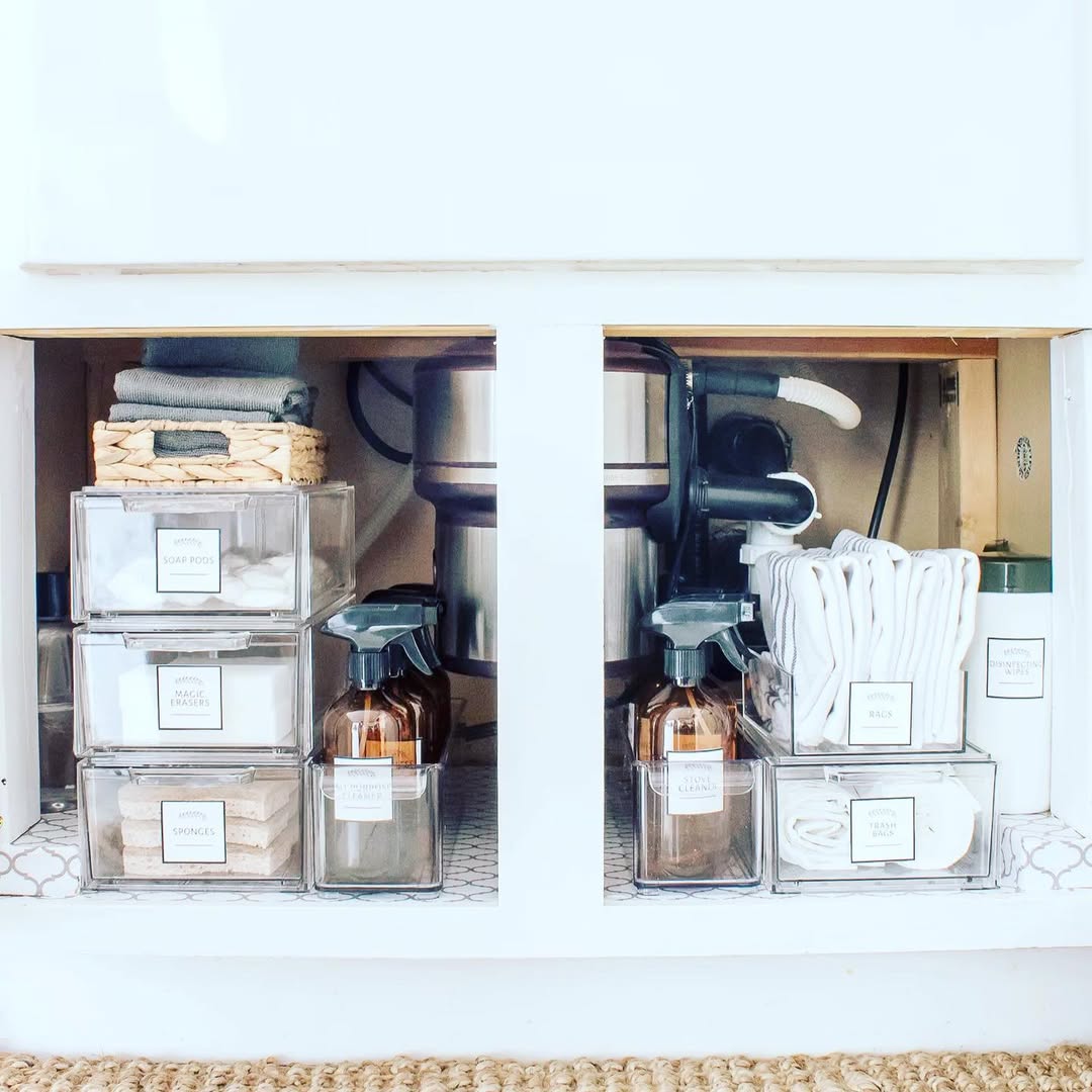 Frosted bins and small lazy Susan maximizing corner space under sink
